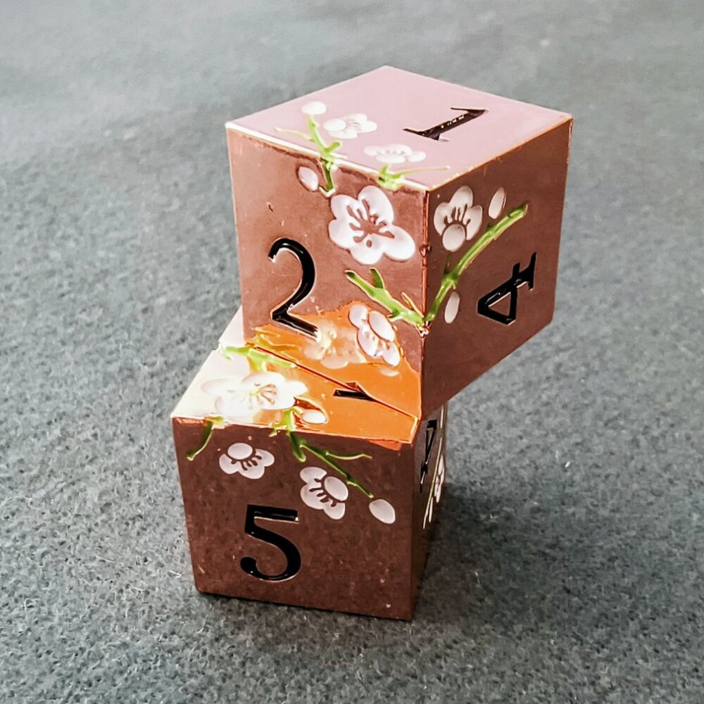 Mahjong Metal Flower Dice | Set of 2 Engraved 6-Sided Dice | Rose Gold - Picture 3 of 4